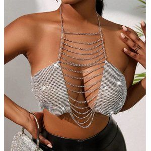 Rhinestone Chain Detail Backless Crop Halter Top
